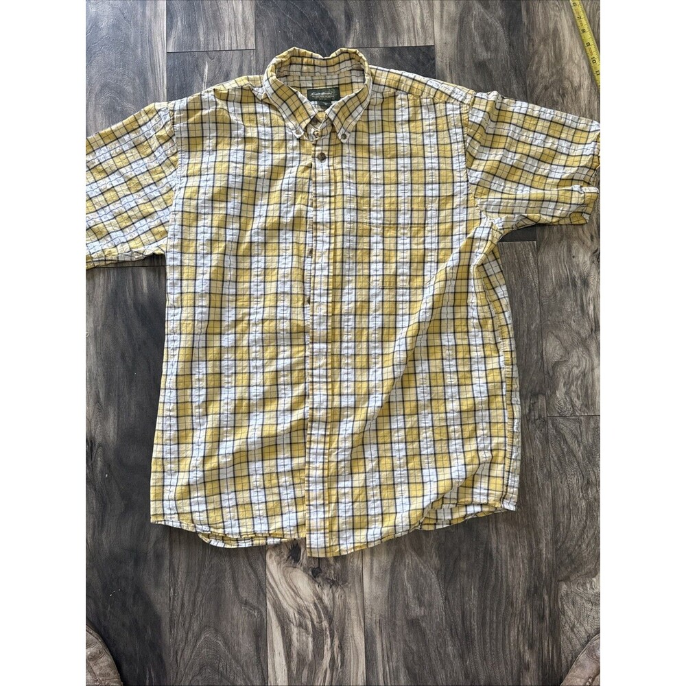 Eddie Bauer Button Up Shirt Mens XL Tall Yellow Blue Plaid Cotton Long Sleeve